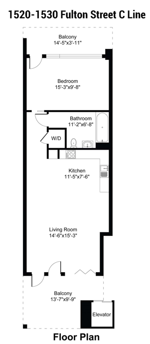Floor plan for 1 bed, 1 bath, 597 sqft